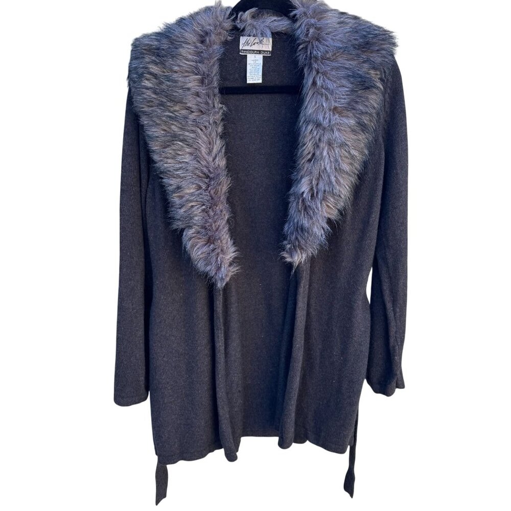 Randolph Duke Glam Old Money Longline Cardigan Detachable Faux Fur Collar S Gray